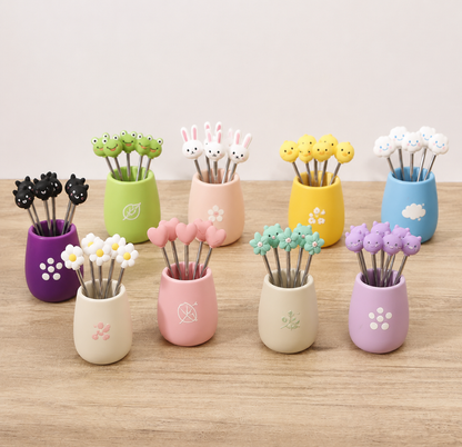 Reusable Cartoon Shape Stainless Steel Fruit Forks, Dessert Picks with Storage Container