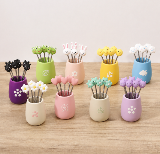Reusable Cartoon Shape Stainless Steel Fruit Forks, Dessert Picks with Storage Container