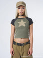 Women's clothing American Y2K five-pointed star embroidery contrasting color ragged shoulder short-sleeved top thin inside and outside T-shirt women