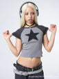 Women's clothing American Y2K five-pointed star embroidery contrasting color ragged shoulder short-sleeved top thin inside and outside T-shirt women
