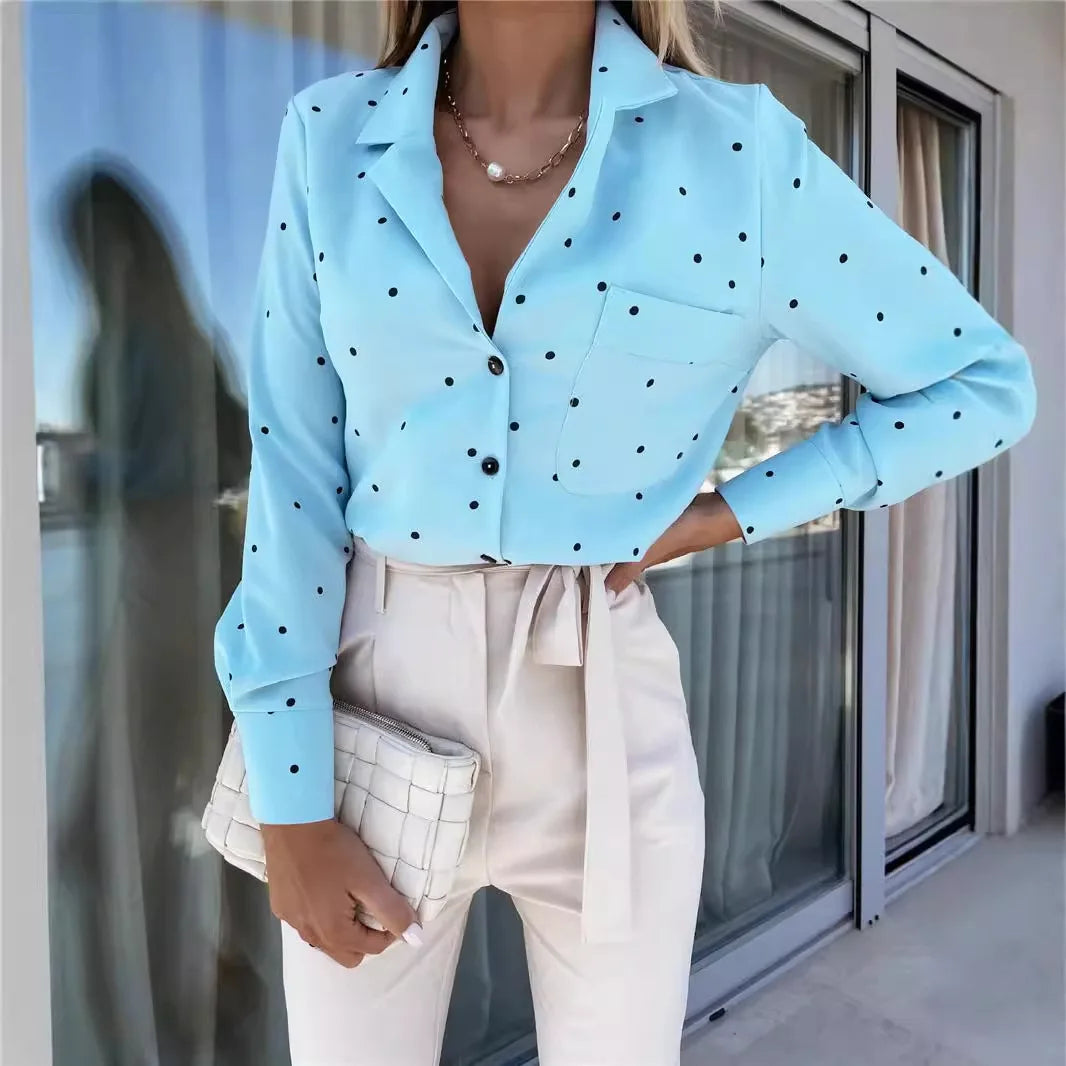 Spring Slim Button Polka Dot Long Sleeve Pocket Shirt Top Women's Clothing