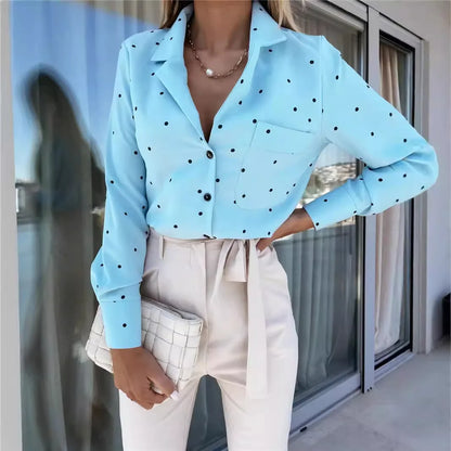 Spring Slim Button Polka Dot Long Sleeve Pocket Shirt Top Women's Clothing