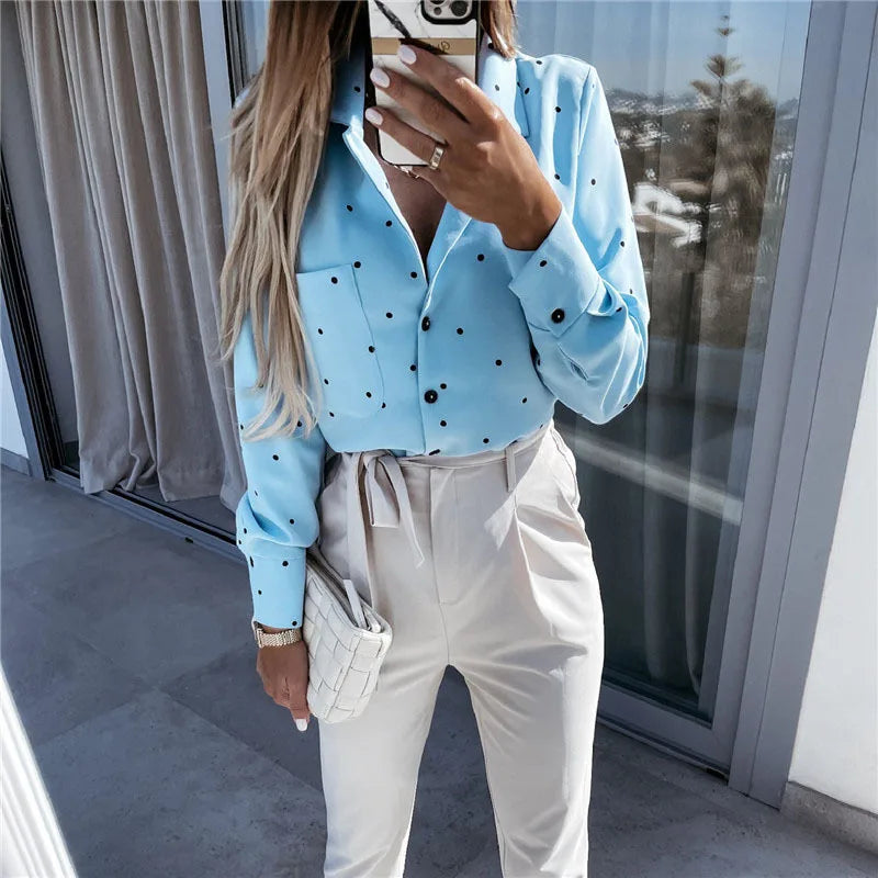 Spring Slim Button Polka Dot Long Sleeve Pocket Shirt Top Women's Clothing