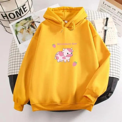 Cool Cow Print Hoodie Strawberry Casual Pullover Oversized Sweatshirt Pullover Sweatshirts for Women Cute Strawberry Cow Print Hoodie Casual Top Aesthetic Clothes For Women Funny Hoodies