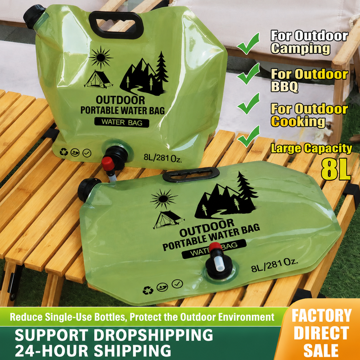 Outdoor Portable Folding Water Bag Large Capacity Thickened Soft Water Storage Bag Music Festival Water Plastic Bag Camping 8L