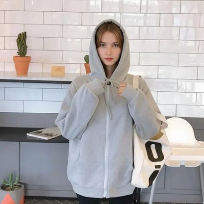 Modern With Hat Hoodies Women  Kangaroo Pocket Casual Loose Solid Color Sweatshirt Female  Fashion New Female Tops Sports Clothing Oversized Zip Hooded Sweatshirt Cotton Women Autumn Hoodie