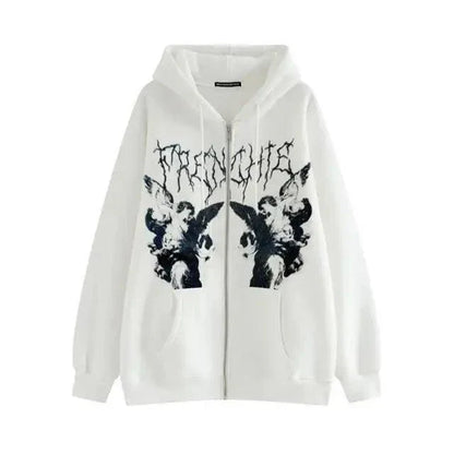 New Trendy Vintage Hip Hop Streetwear Women Hoodies Angel Dark Print Zipper Jacket Coat Hooded Top Clothes Men Women Punk Outwear