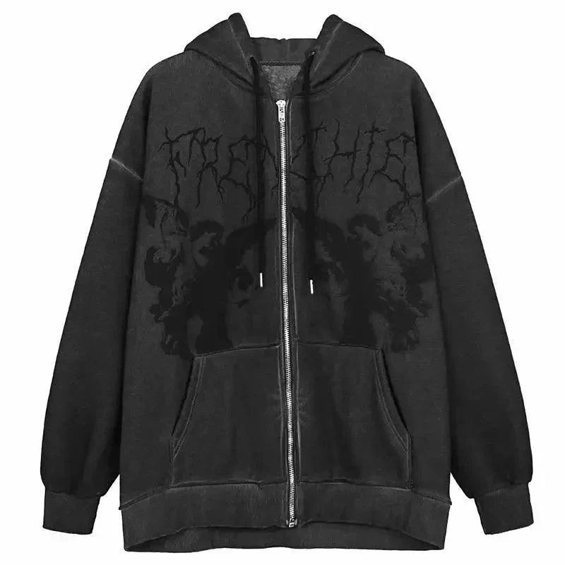 New Trendy Vintage Hip Hop Streetwear Women Hoodies Angel Dark Print Zipper Jacket Coat Hooded Top Clothes Men Women Punk Outwear